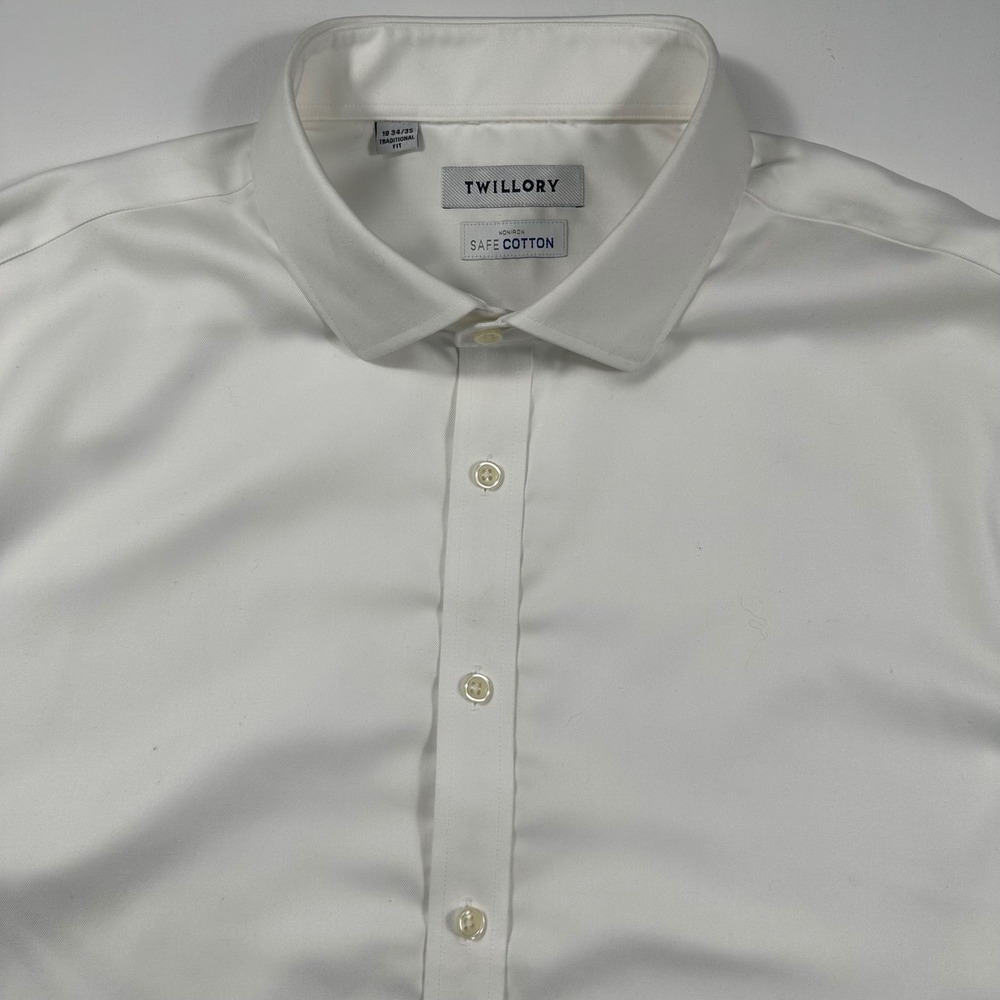 Twillory Dress Shirt Mens 18 34/35 Traditional Fit Non-Iron Safe Cotton White